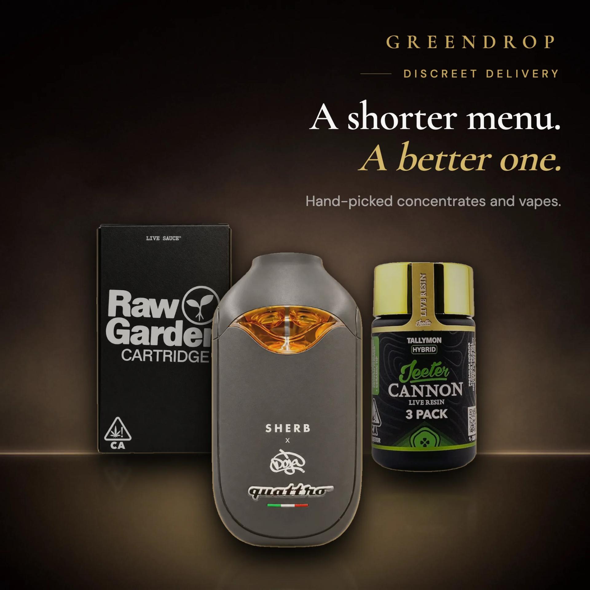 A shorter menu, a better one — GreenDrop hand-picked weed, concentrates and vapes, same-day discreet delivery across Miami, no card needed